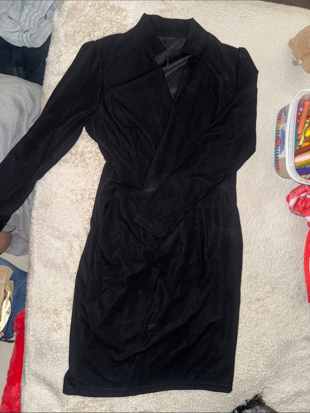 Black Long Sleeve notch collar Dress w pocket - Classic Evening Style